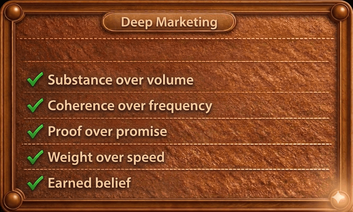 Deep Marketing: Substance over volume, Coherence over frequency, Proof over promise, Weight over speed, Earned belief