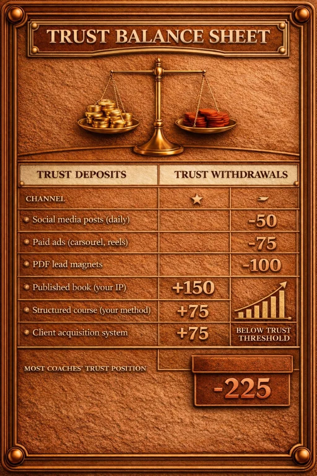 Trust Balance Sheet showing marketing channels as trust deposits and withdrawals, with most coaches' position overdrawn at -225